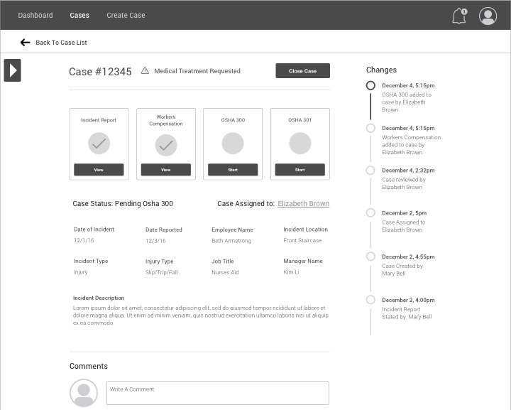 Wireframe of the Case Information Page