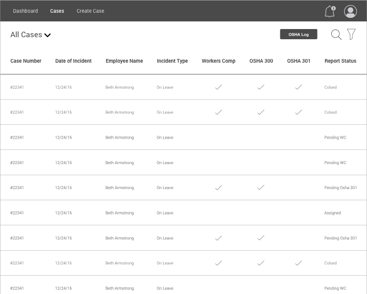 Wireframe of the Case List Page