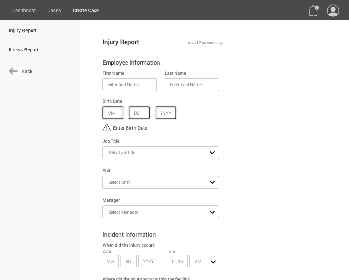 Wireframe of the Injury Report Page