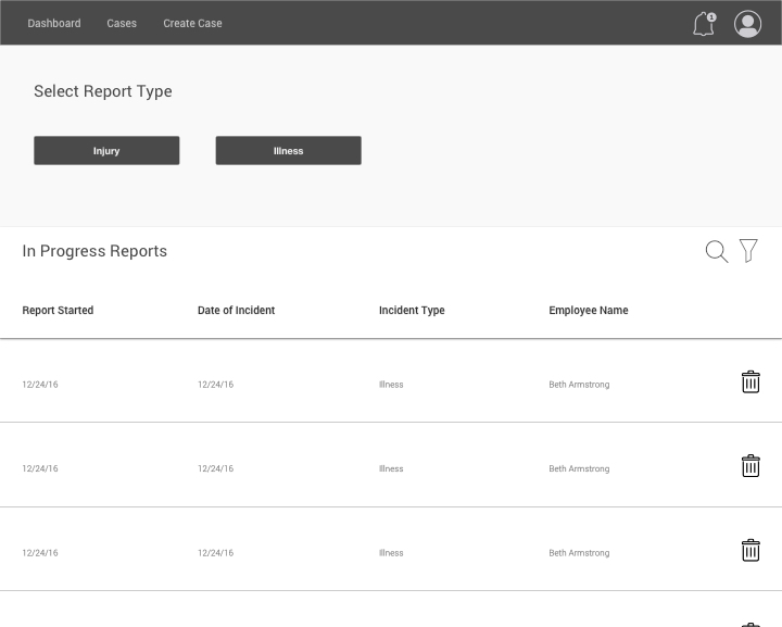 Wireframe of the Create New Report Page